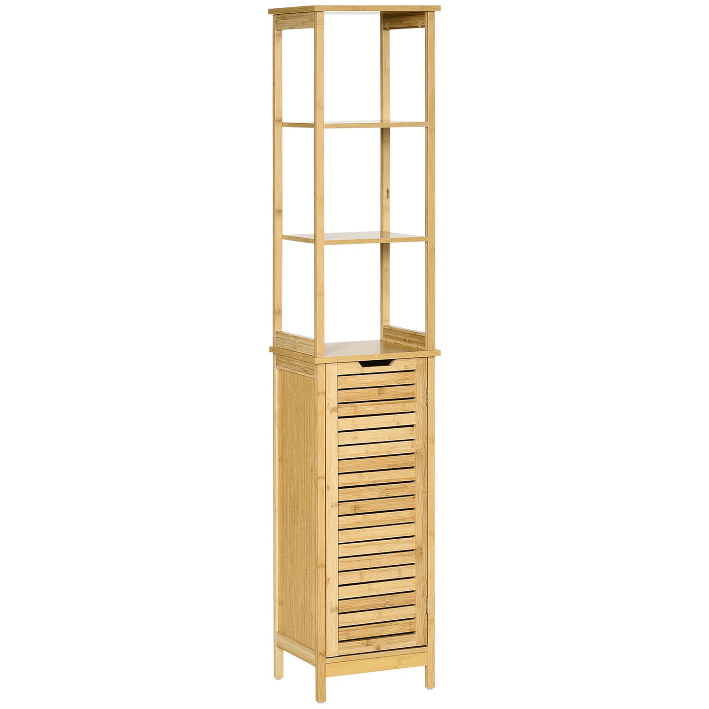 Kleankin Bathroom Floor Cabinet with 3 Shelves and Cupboard, Slim and Freestanding Organiser, Tallboy with Storage, Natural