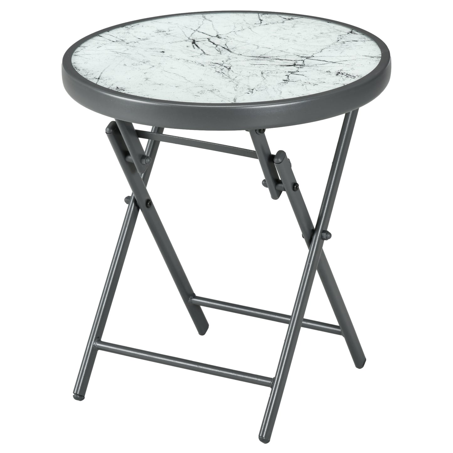 Outsunny Φ45cm Outdoor Side Table, Round Folding Patio Table with Imitation Marble Glass Top, Small Coffee Table, White