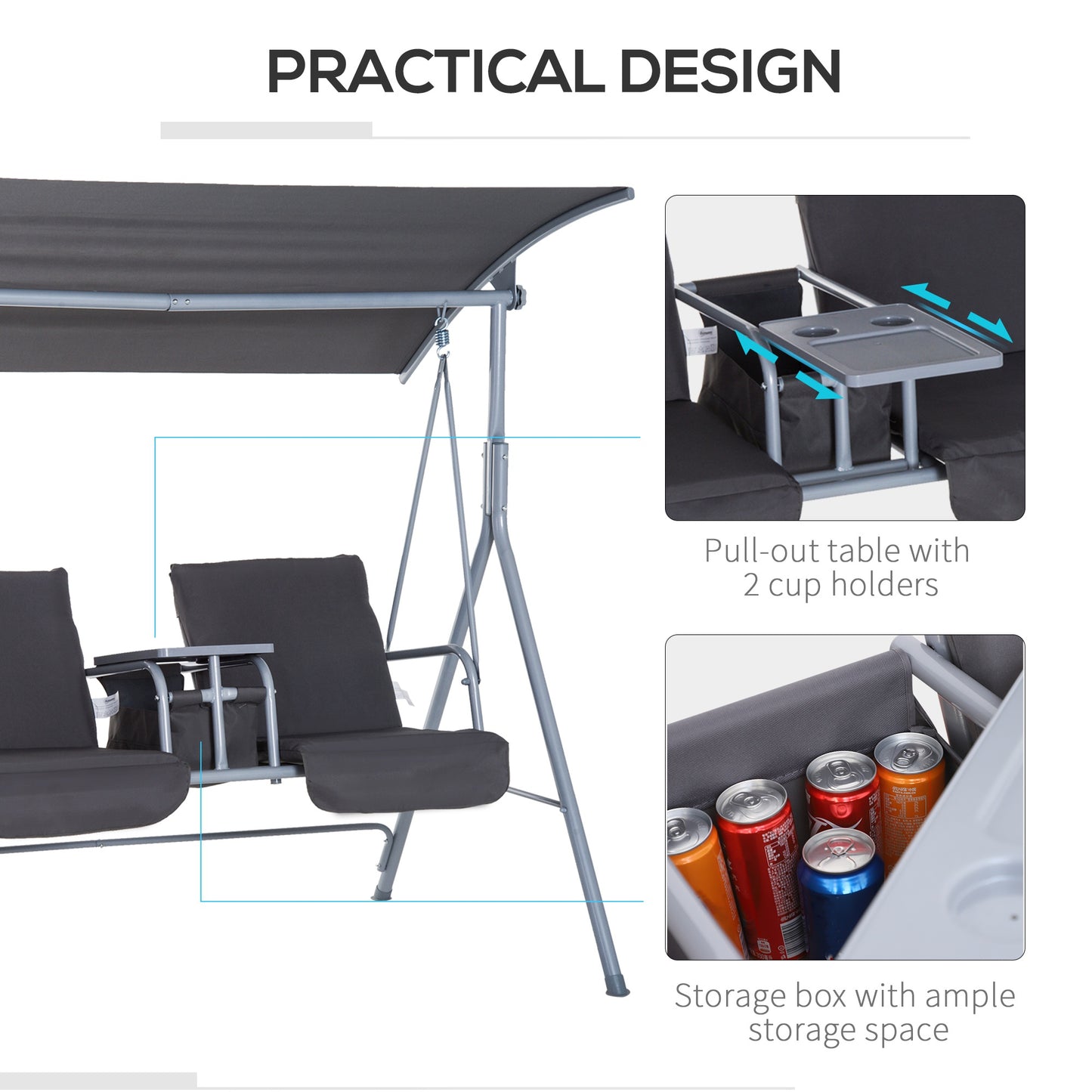 Outsunny Steel Frame 2-Seater Swing Chair With Table Grey