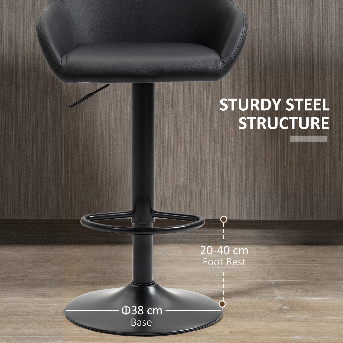 Bar Stools Set of 2, Swivel Barstools with Footrest and Backrest, PU Leather and Steel Base, for Kitchen Counter Dining Room, Black