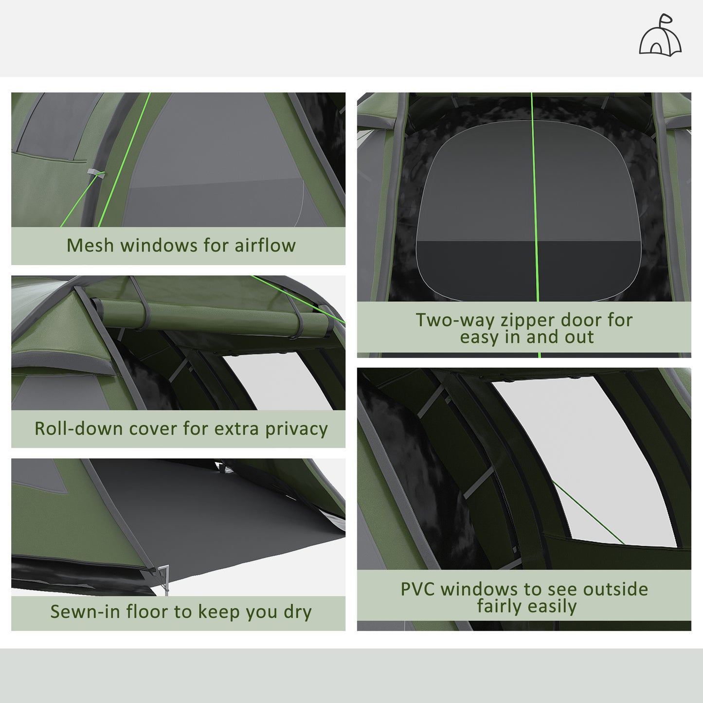 Outsunny Two Room Tunnel Tent Camping Tent for 3-4 Man with Windows, Covers, Carry Bag, for Fishing, Hiking, Sports, Green