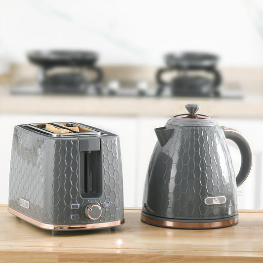 Fast Boil Kettle & 2 Slice Toaster Set, Kettle and Toaster Set with Auto Shut Off, Browning Controls, Grey 1.7L 3000W