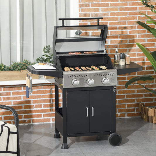 Outsunny 9 kW 3 Burner Gas BBQ Grill with See-through Lid, Black