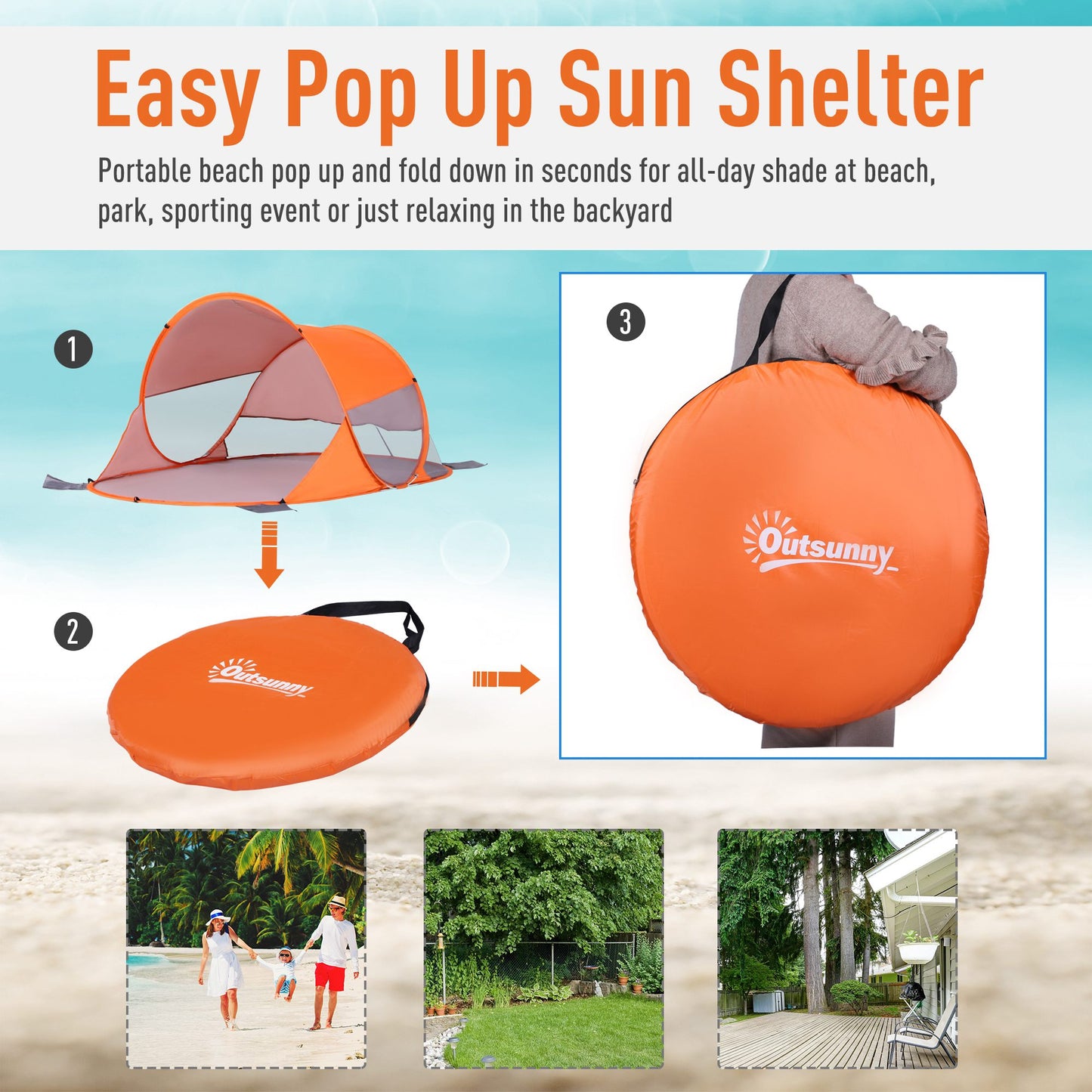 Outsunny 1-2 Person Pop up Beach Tent Hiking UV 30+ Protection Patio Sun Shelter Portable Automatic - Orange