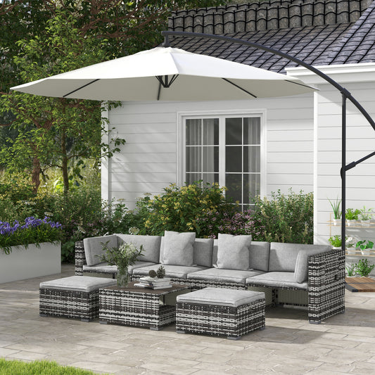 Outdoor Garden 7-Piece Rattan Patio Furniture Set with Sofa, Footstools, Coffee Table, Side Shelves, Cushions, Pillows, Mixed Grey