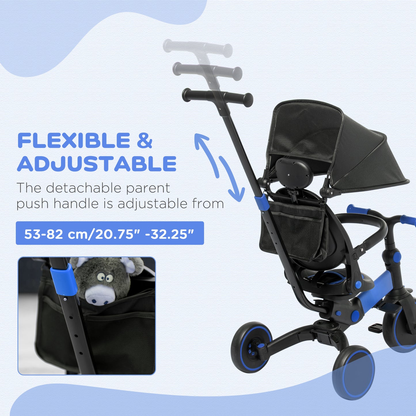 AIYAPLAY 3-in-1 Tricycle for Kids with Aluminium Frame, Baby Trike with Adjustable Push Handle, Canopy and Seat Angle for 18-48 Months, Blue