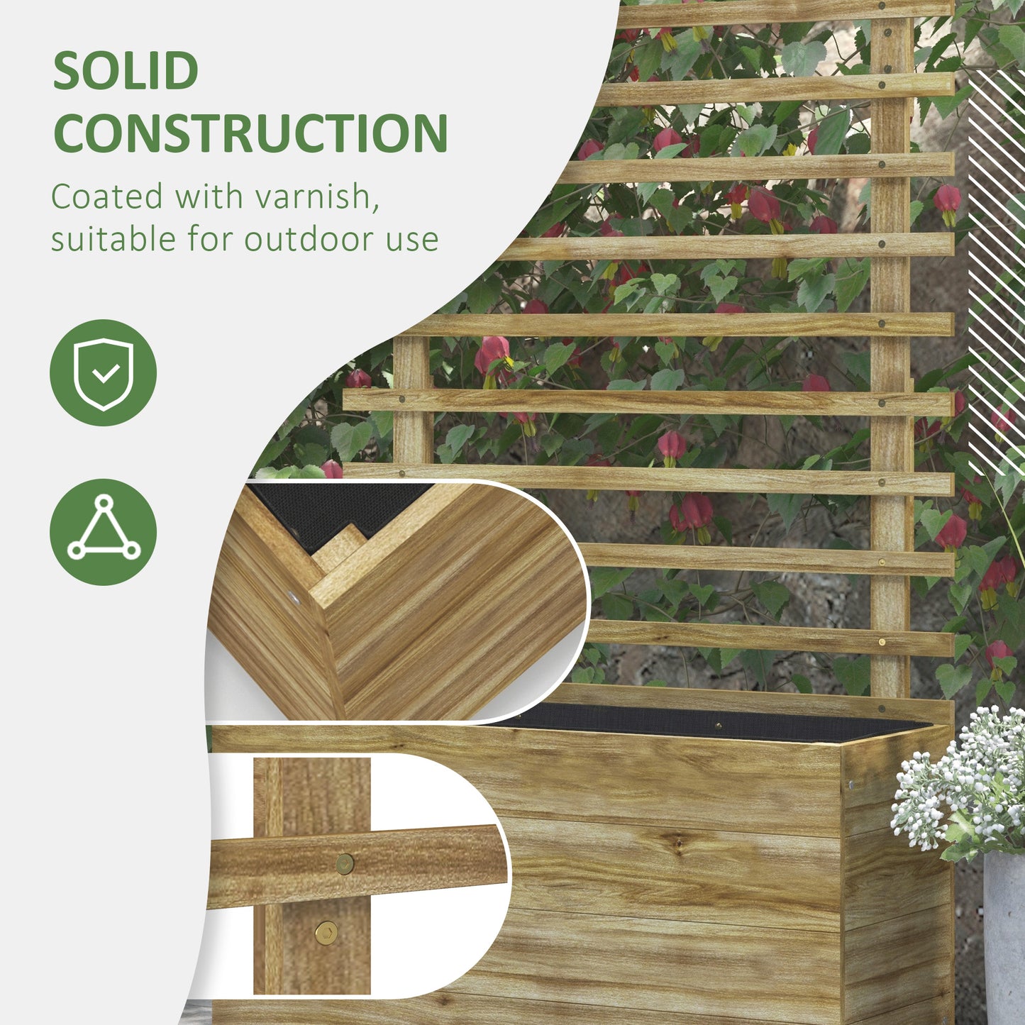 Outsunny Wooden Garden Raised Bed with Trellis, Planter Box with 4 Wheels for Climbing Plants, 76x30x155cm, Natural