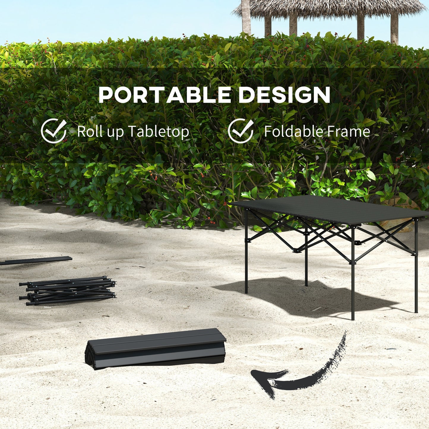 Outsunny Portable Aluminium Picnic Camping Table, Lightweight Folding With Roll Up Top, Carry Bag For Outdoor Camping - Black