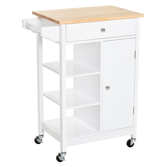 Kitchen Storage Trolley Unit w/ Wood Top 3 Shelves Cupboard Drawer Rail 4 Wheels Handles Moving Shelf Handy Spacesaver White