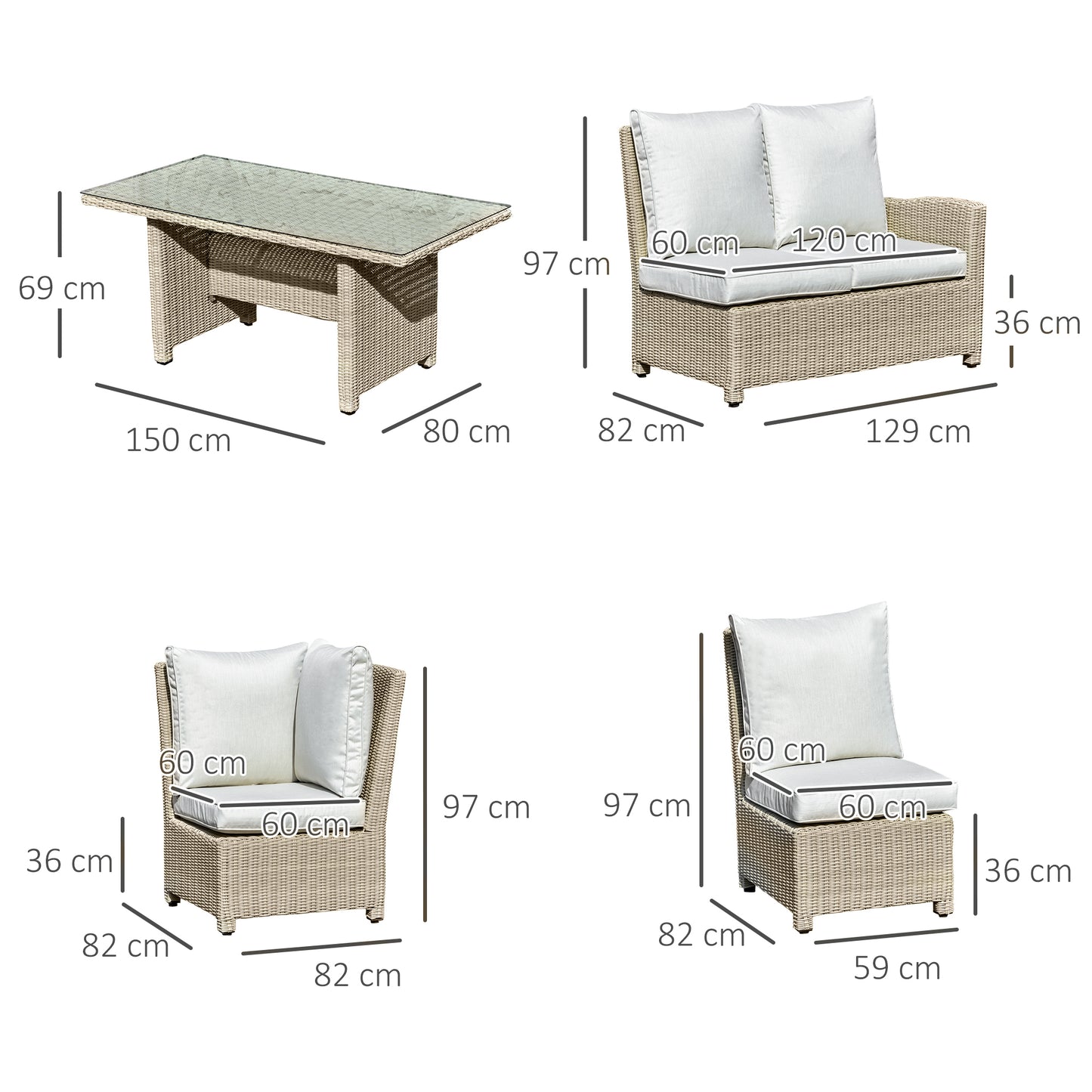 Outsunny 6-Seater Reclining PE Rattan Garden Dining Set Patio Furniture w/Sofa Chairs Glass Table Cushions Adjustable Feet Stylish Lounge Conversation