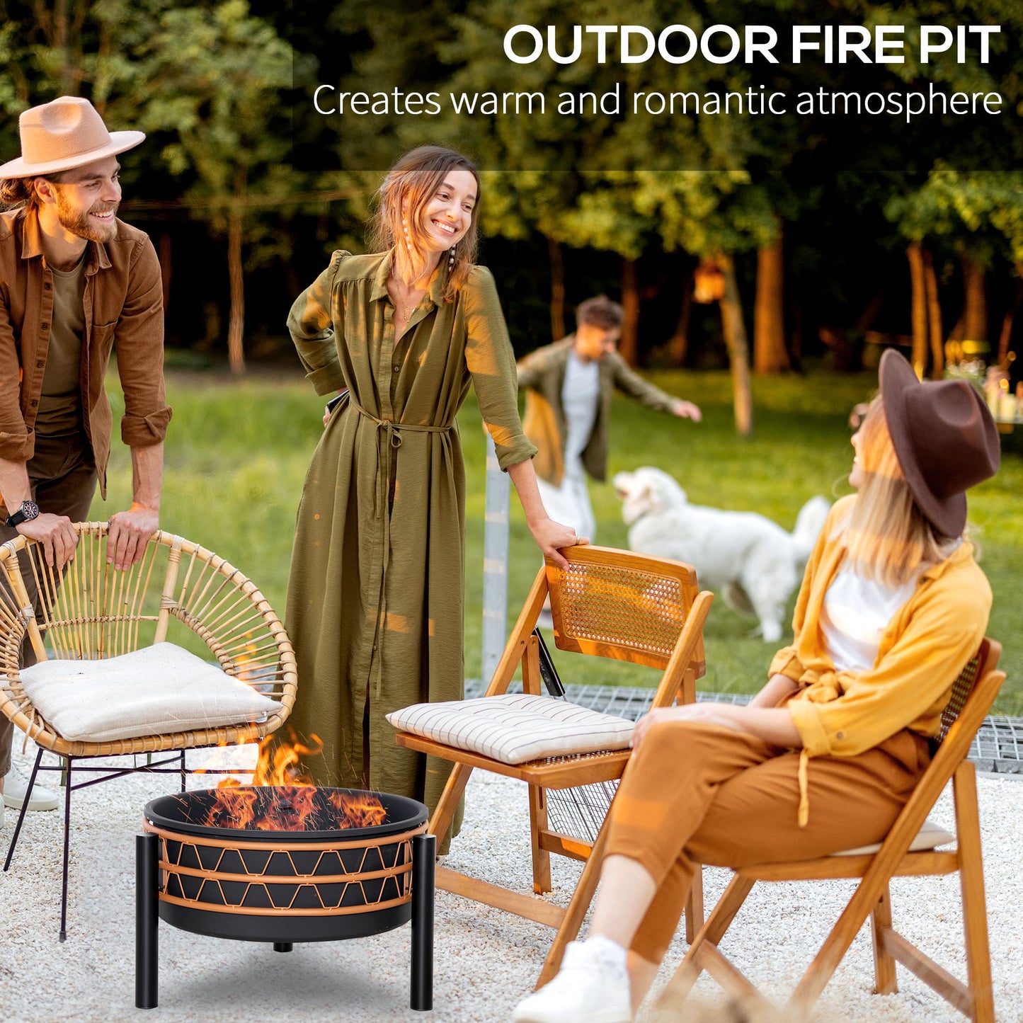Outsunny Outdoor Fire Pit, Metal Round Firepit Bowl, Charcoal Log Wood Burner with Screen Cover, Poker for Patio, BBQ, Camping, 64 x 64 x 58cm, Black