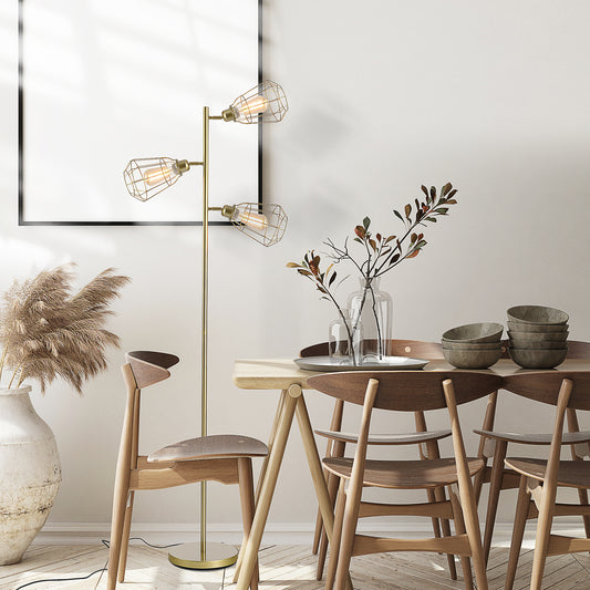 Retro Style Practical Tree Floor Lamp 3 Angle Adjustable Lampshade Steel Base for Living Room Bedroom Office Gold 165cm