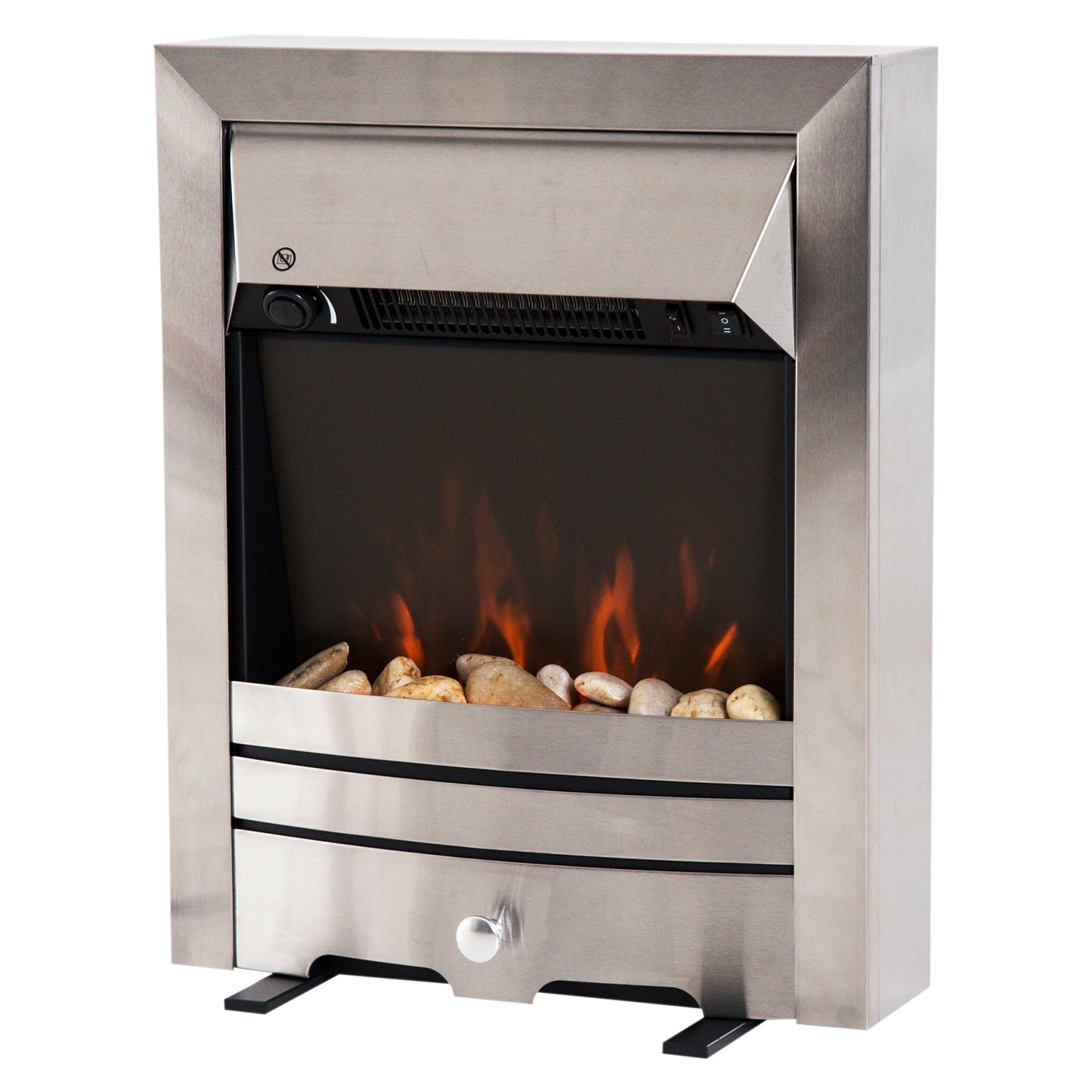 2KW Electric Fireplace Pebble Burning Effect Heater Fire Flame Indoor Stove LED Lighting - Stainless Steel