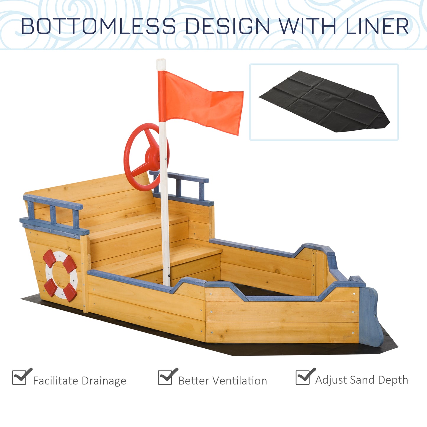 Outsunny Kids Wooden Sandpit Children Sandbox Pirate Ship Sandboat Outdoor Backyard Playset Play Station w/ Bench Bottom Liner
