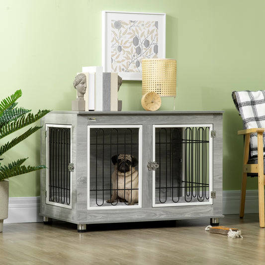 Dog Crate Furniture Side Table | Washable Cushion | Wire Mesh | Two Doors | Medium & Large Dogs up to 25kg | 90 x 58 x 65cm | Grey & White