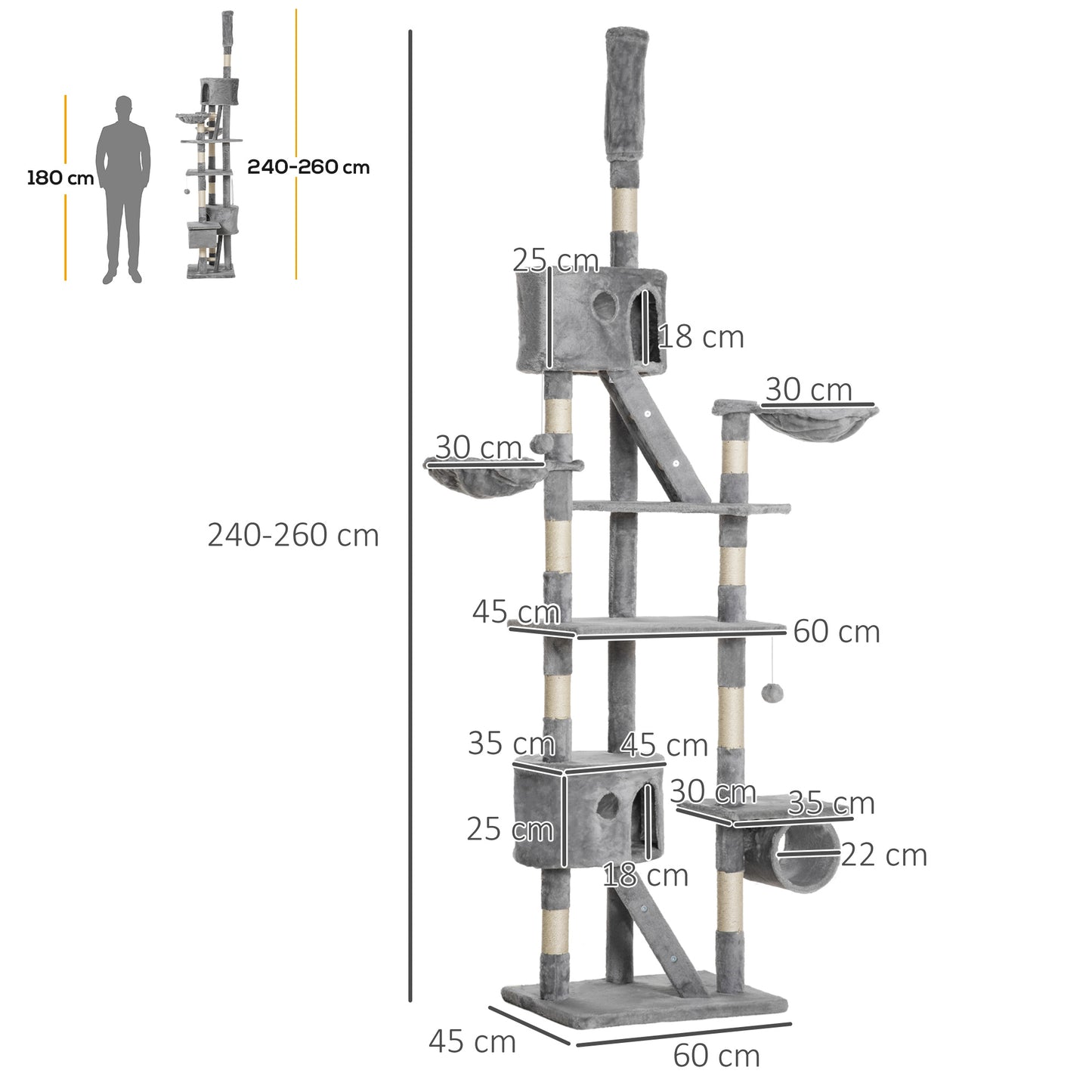 PawHut Floor to Ceiling Cat Tree for Indoor Cats 240-260cm Adjustable Height Light Grey