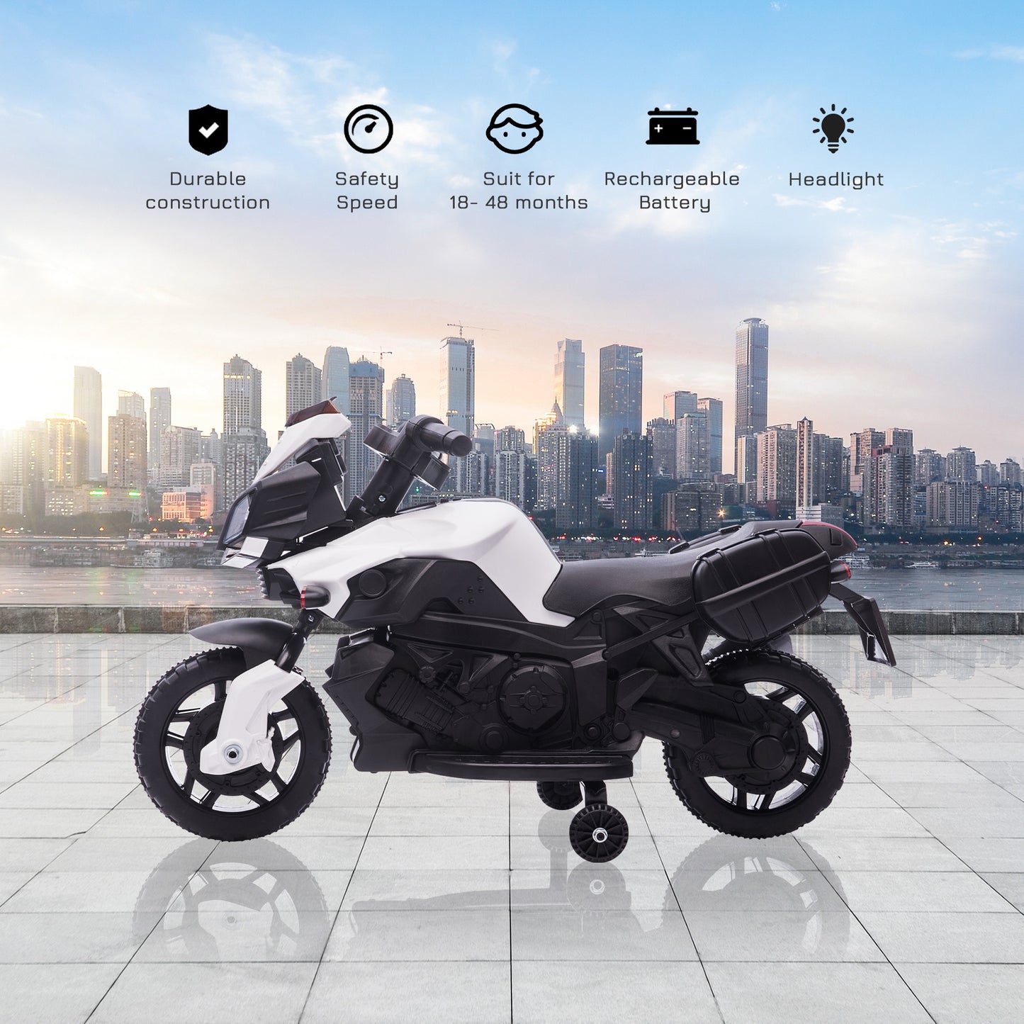 Kids Electric Pedal Motorcycle Ride-On Toy Battery Powered Rechargeable 6V Realistic Sounds 3 km/h Max Speed for Girls Boy 18 - 48 months White