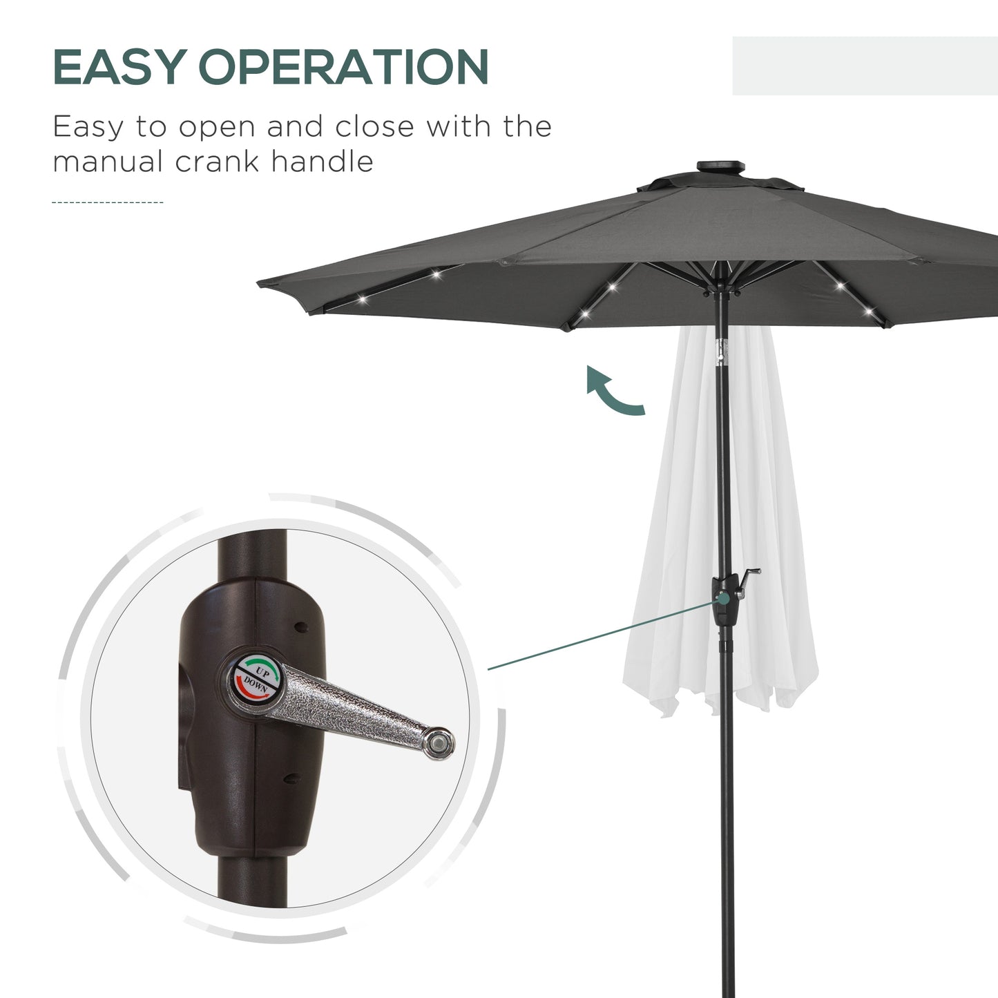 Outsunny Garden 24 LED Light Parasol Outdoor Tilt Sun Umbrella Patio Club Party Event Manual Sun Shade w/ Hand Crank Grey