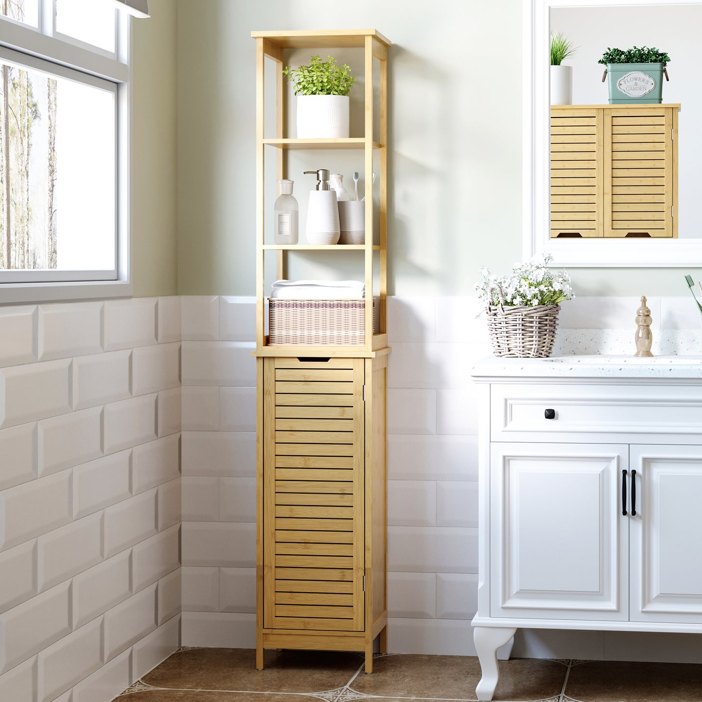Kleankin Bathroom Floor Cabinet with 3 Shelves and Cupboard, Slim and Freestanding Organiser, Tallboy with Storage, Natural