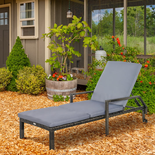 Outsunny Outdoor PE Rattan Wicker Chaise Sun Lounger Recliner Garden Chair with 5-Level Adjustable Backrest and 2 Wheels, Mixed Grey