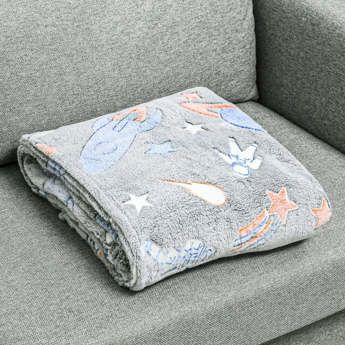Glow in The Dark Flannel Fleece Throw Blanket, Fluffy Warm Throw Blanket, Kids Galaxy Stars Luminous Blanket, 203x153cm, Grey