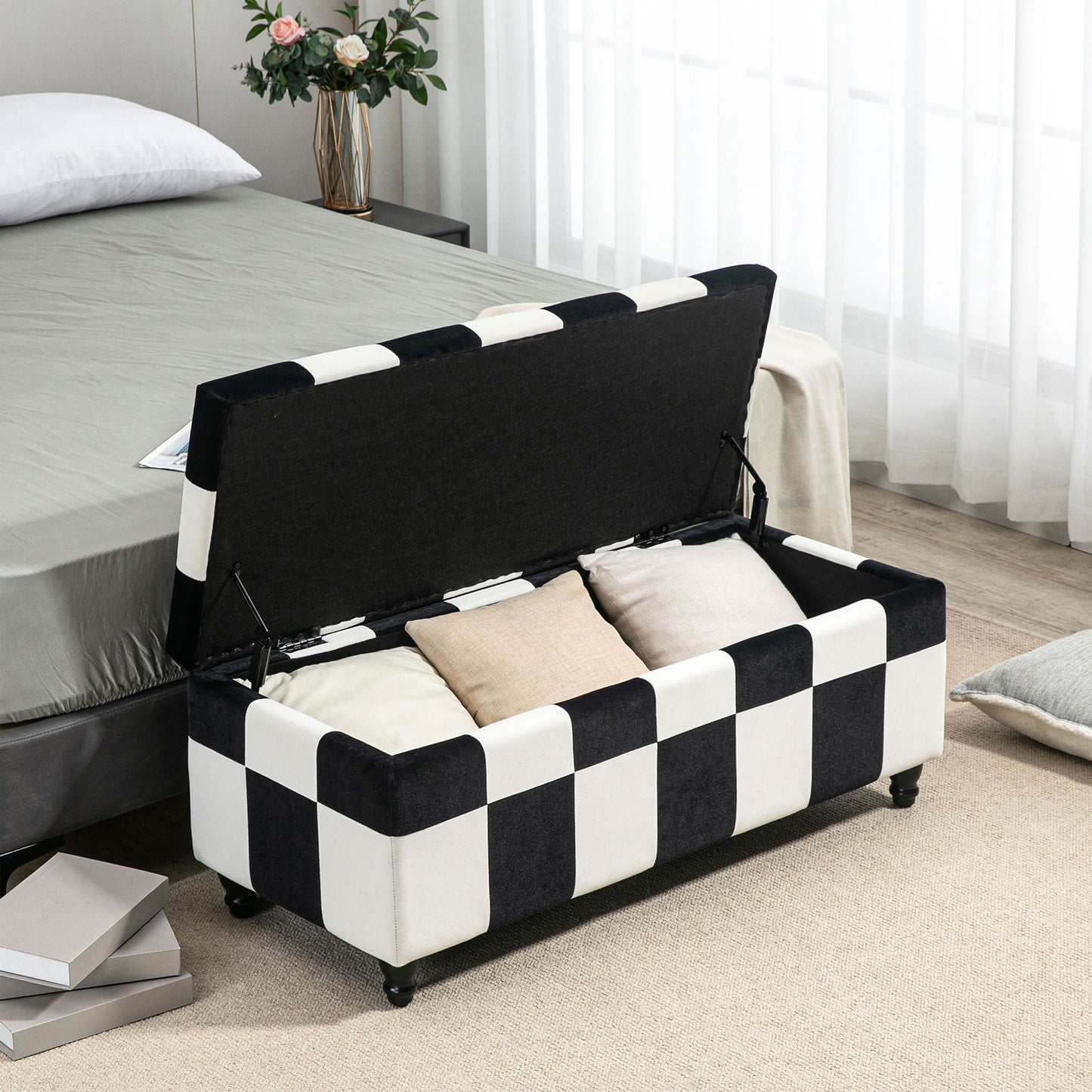 Velvet Storage Ottoman, Button-tufted Footstool Box, Toy Chest with Lid for Living Room, Bedroom, White and Black 114 x 47 x 47cm