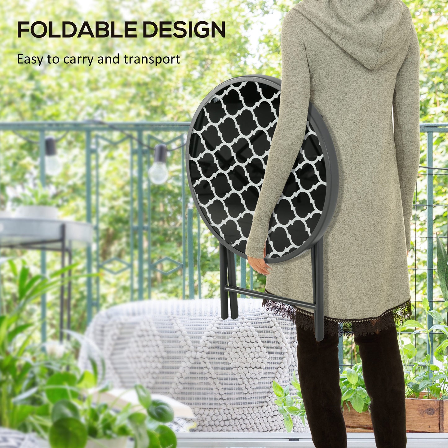 Outsunny Φ45cm Outdoor Side Table, Round Folding Patio Table with Imitation Marble Glass Top, Small Coffee Table, Black