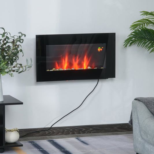 Wall Mounted Tempered Glass Electric Fireplace Heater Wall Fires Black 1000W