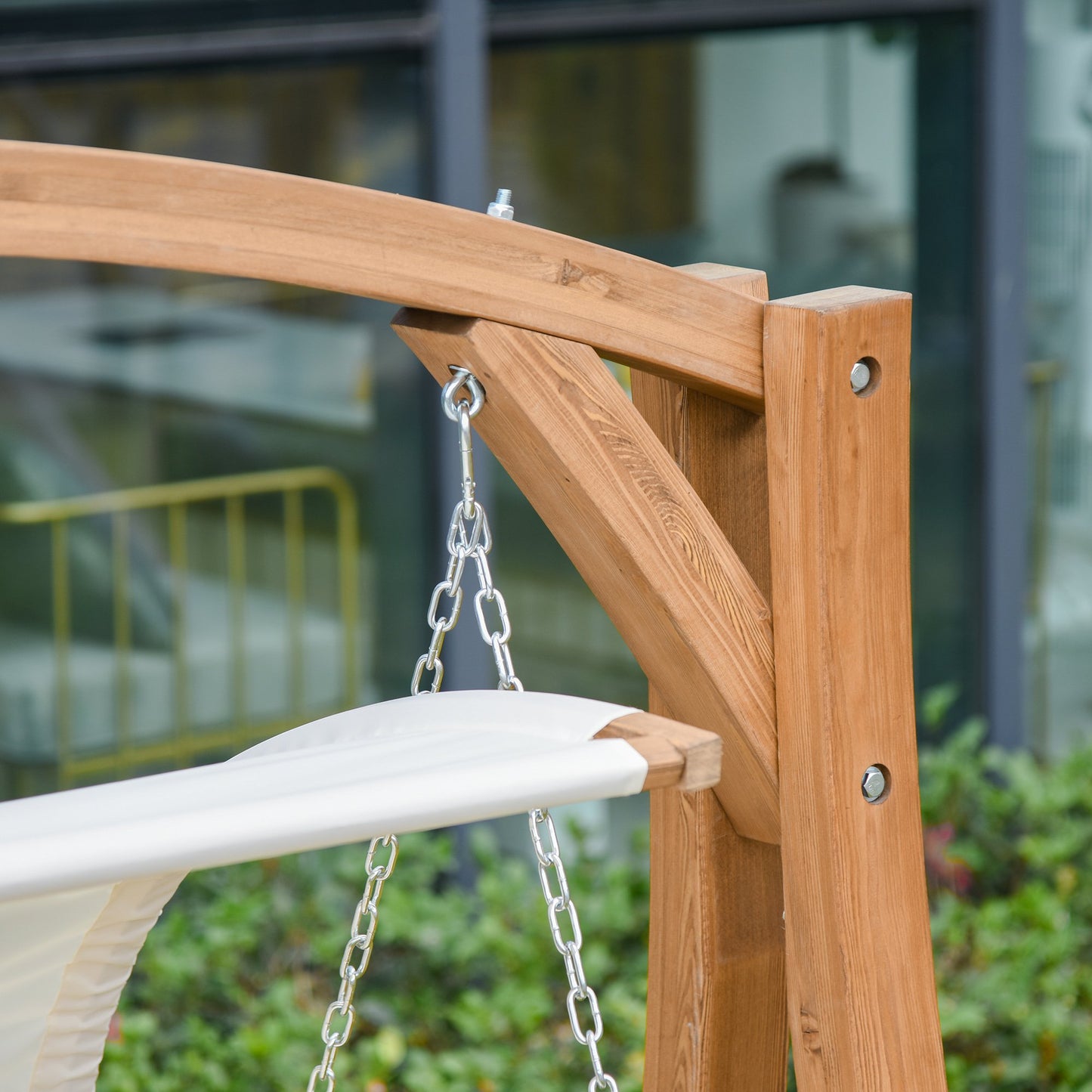 Outsunny Wooden Porch Swing Chair A-Frame Wood Log Swing Bench Chair With Canopy and Cushion for Patio Garden Yard