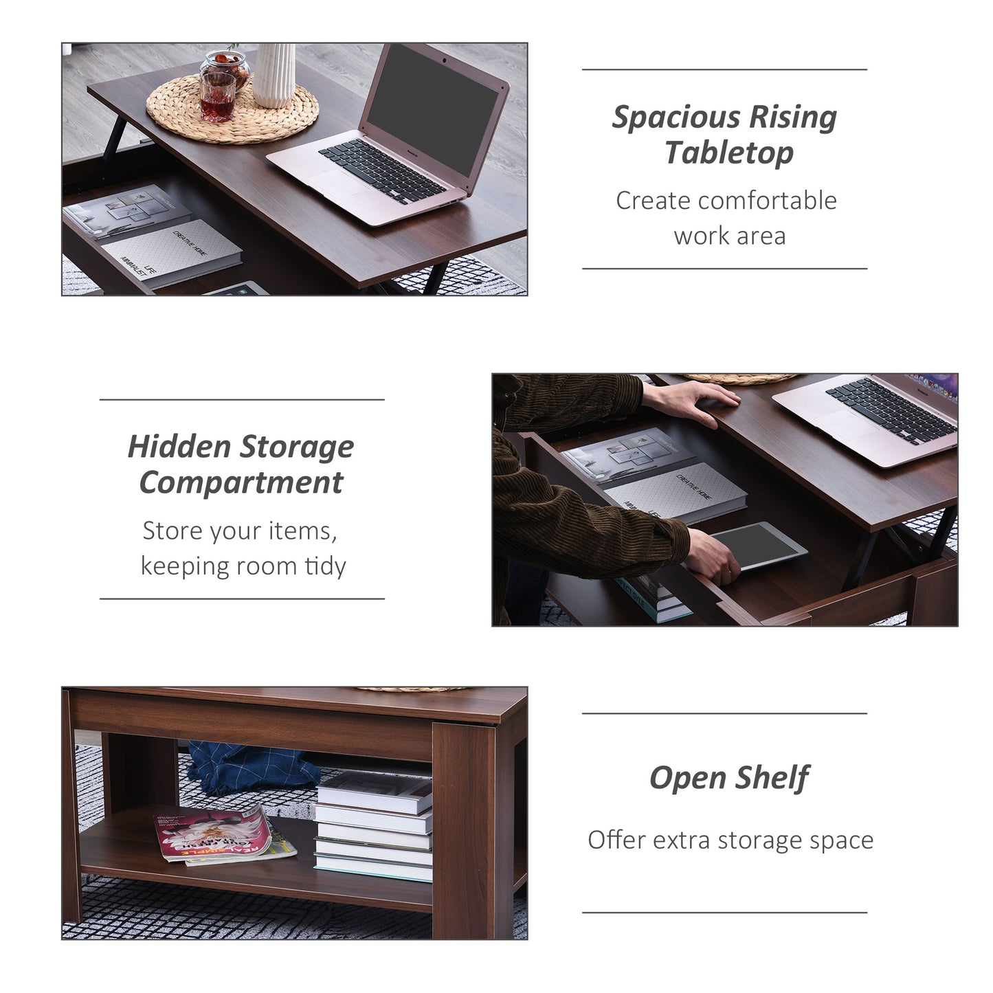 Modern Lift Up Top Coffee Table Desk Hidden Storage Bottom Shelf 100W x 50D x 63H cm