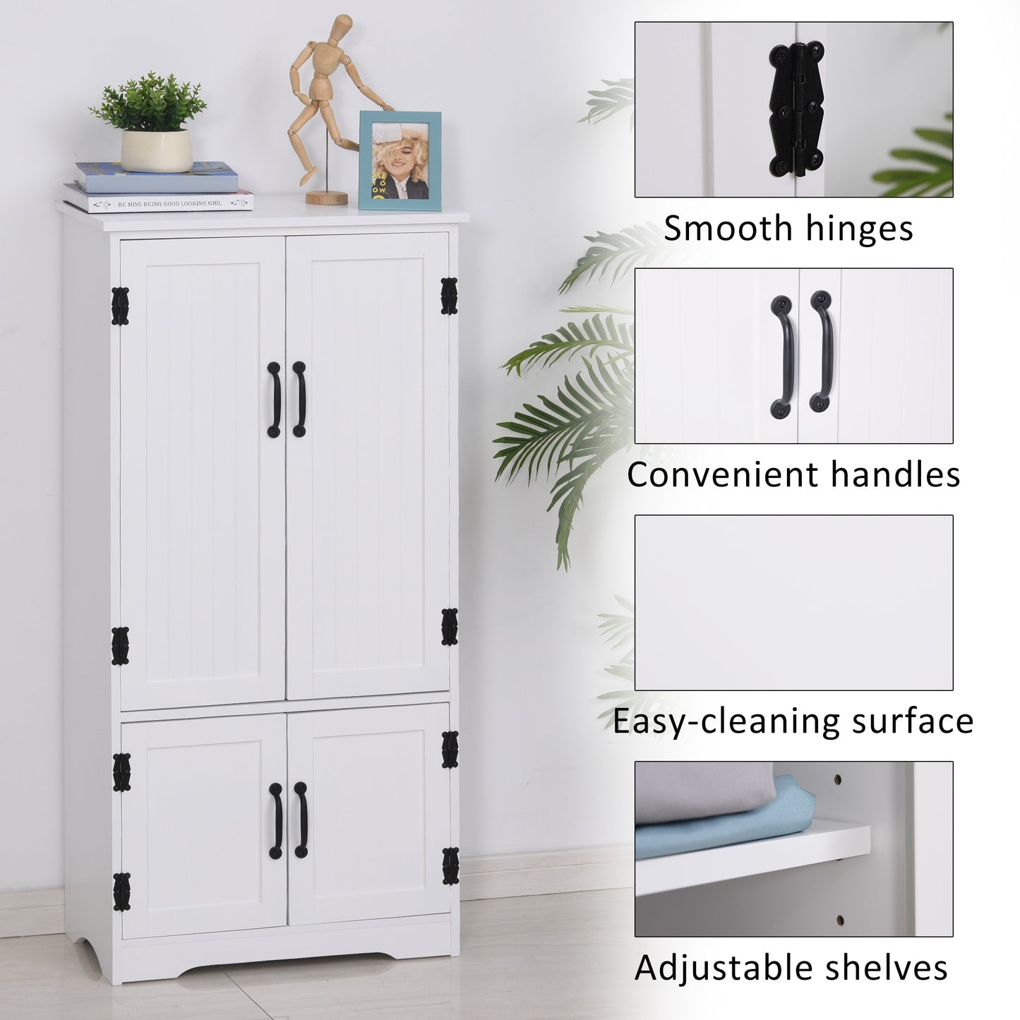 Accent Floor Storage Cabinet Kitchen Pantry with Adjustable Shelves and 2 Lower Doors, White