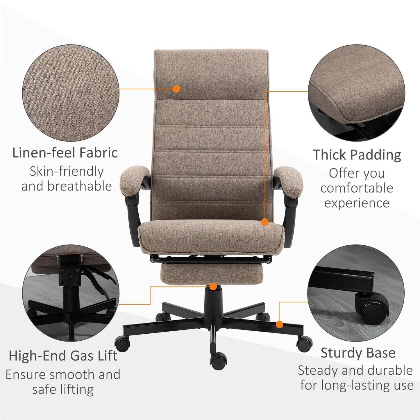 Vinsetto High-Back Home Office Chair, Linen Swivel Reclining With Adjustable Height, Footrest and Padded Armrest for Living Room, Study, Brown