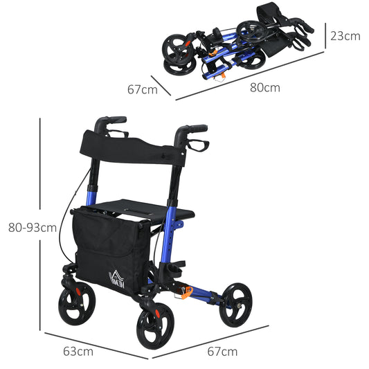 4 Wheel Rollator With Seat And Back Folding With Carry Bag, Adjustable Height, Dual Brakes, Cane Holder - Blue