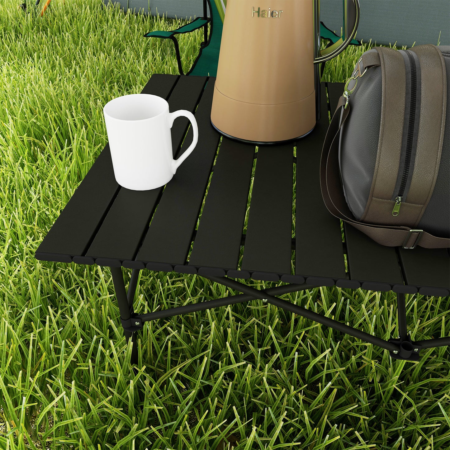 Outsunny Portable Aluminium Picnic Camping Table, Lightweight Folding With Roll Up Top, Carry Bag For Outdoor Camping - Black