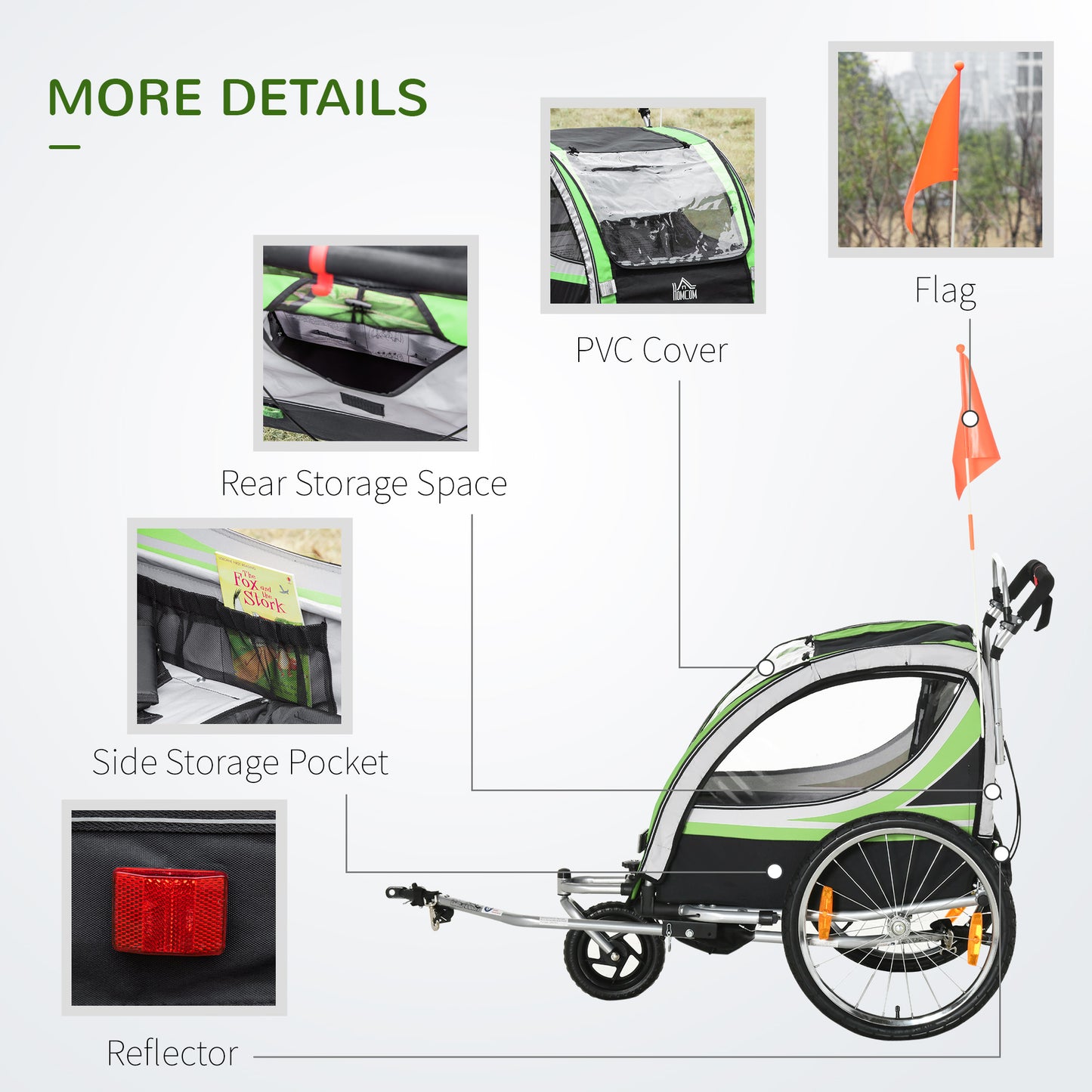 Child Bike Trailer 2 In 1 Baby Stroller 2-Seater Transport Carrier with Hitch Coupler, Brake, 5 Point Harness, Storage Bag, Reflector, Green