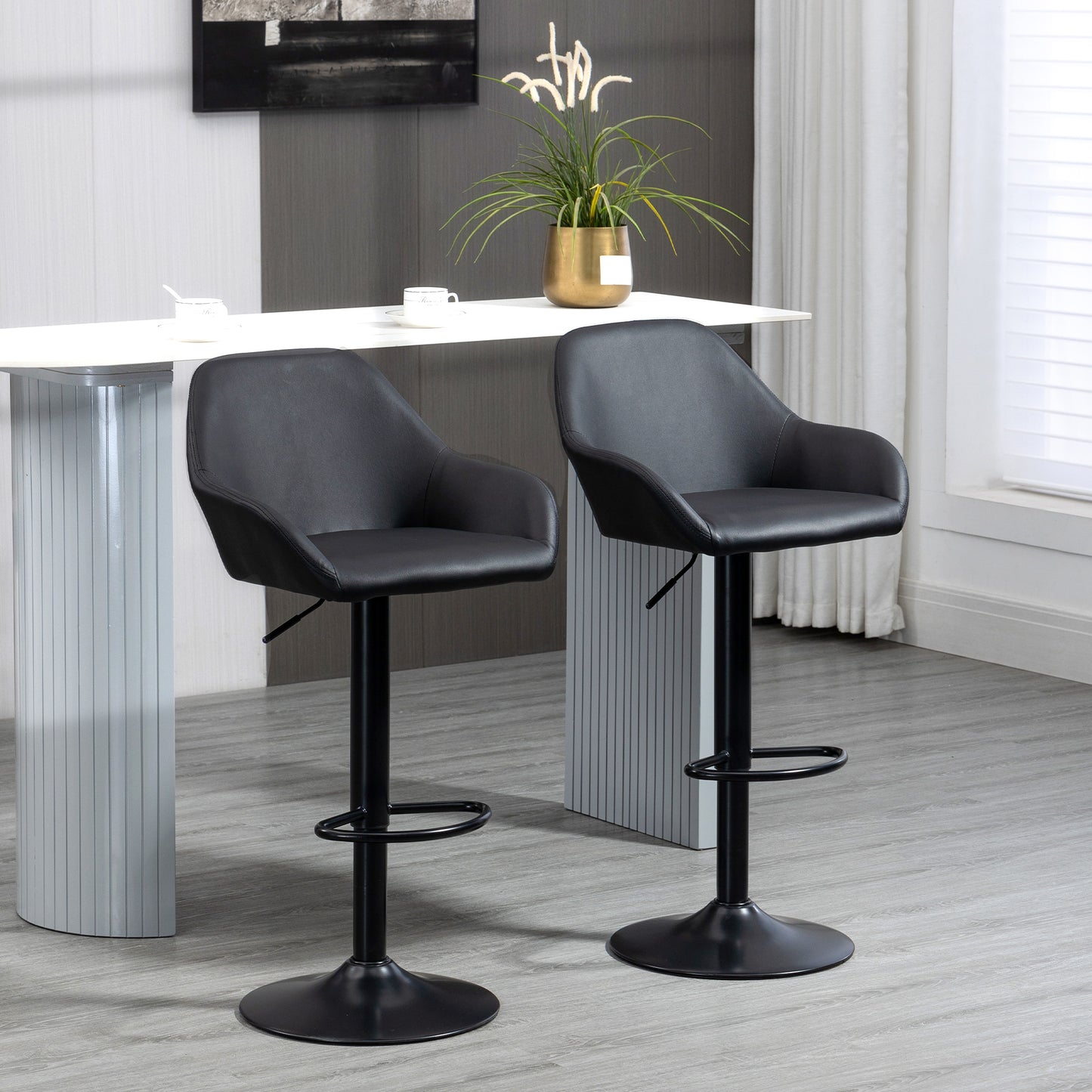 Bar Stools Set of 2, Swivel Barstools with Footrest and Backrest, PU Leather and Steel Base, for Kitchen Counter Dining Room, Black
