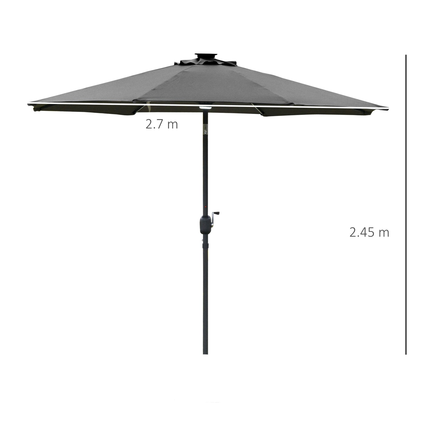 2.7m Garden Parasol Sun Umbrella Patio Summer Shelter w/ LED Solar Light, Angled Canopy Vent, Crank Tilt, Grey
