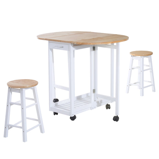 3 Piece Wooden Kitchen Cart Mobile Rolling Trolley Folding Bar Table Two Stools Dining Chair Storage Shelf w/2 Drawers & 6 Wheels