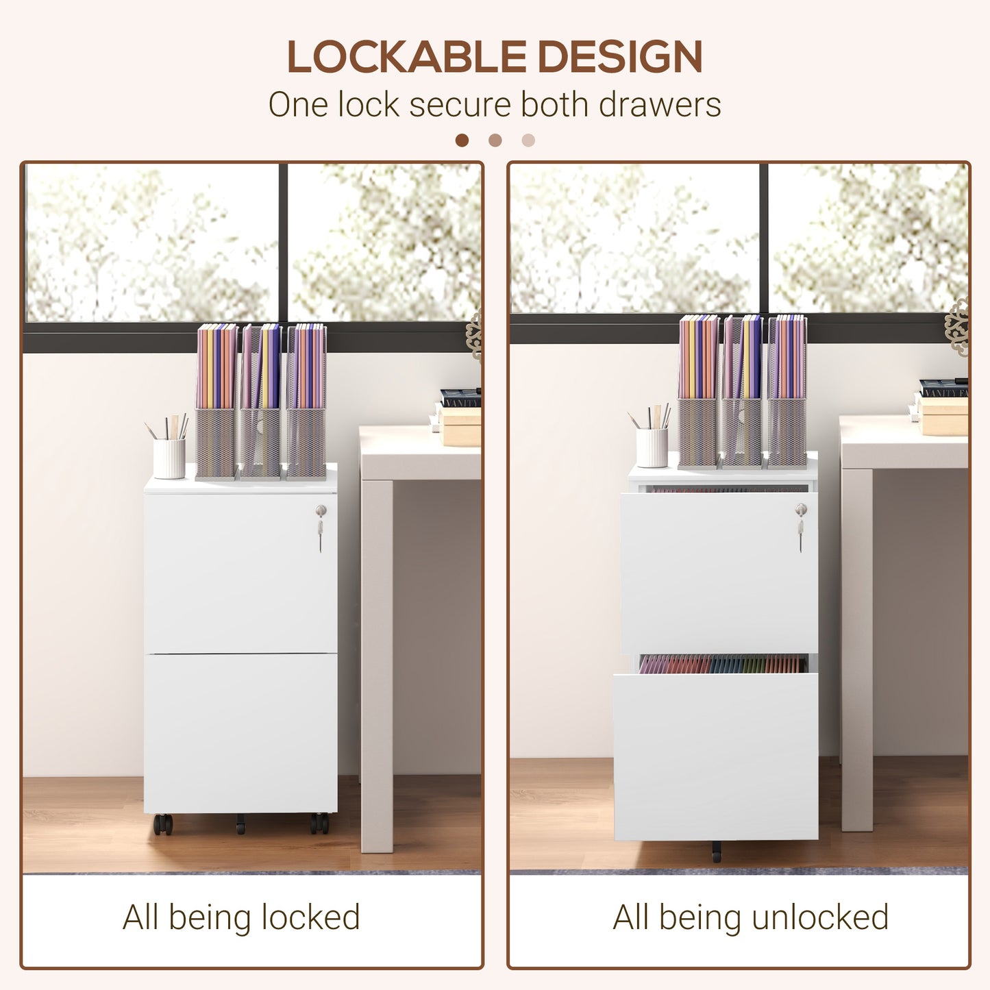 Vinsetto 2-Drawer Vertical Filing Cabinet with Lock, Steel Mobile File Cabinet with Adjustable Hanging Bar for A4, Legal and Letter Size, White