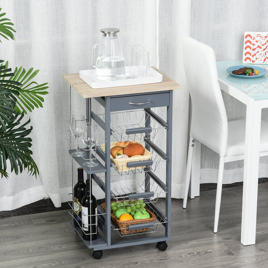 Kitchen Trolley, Multi-Use Kitchen Island w/ 4 Baskets 2 Side Racks 4 Wheels Food Storage Smooth Rolling Compact Furniture Dark Grey