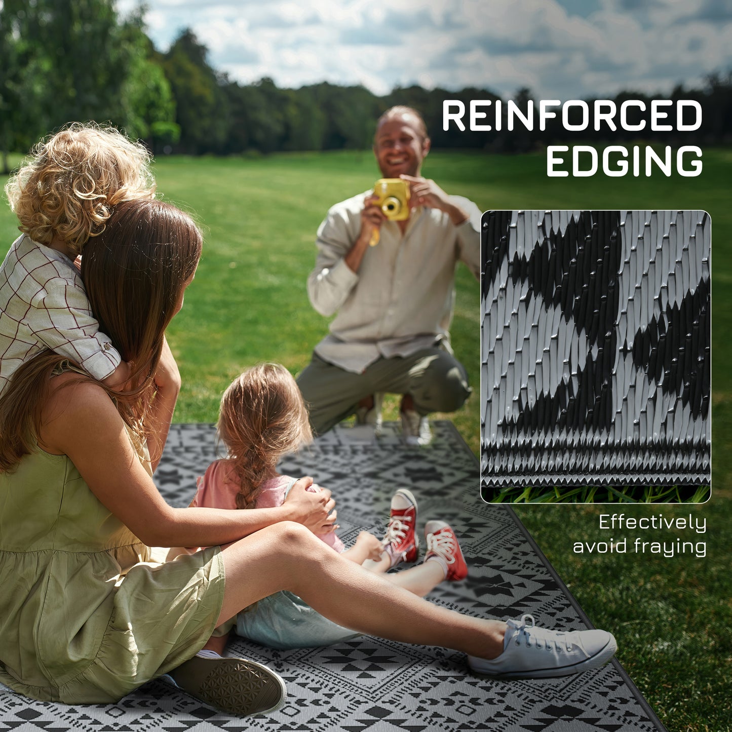 Outsunny Plastic Straw Reversible RV Outdoor Rug with Carry Bag, 182 x 274cm, Black and Grey