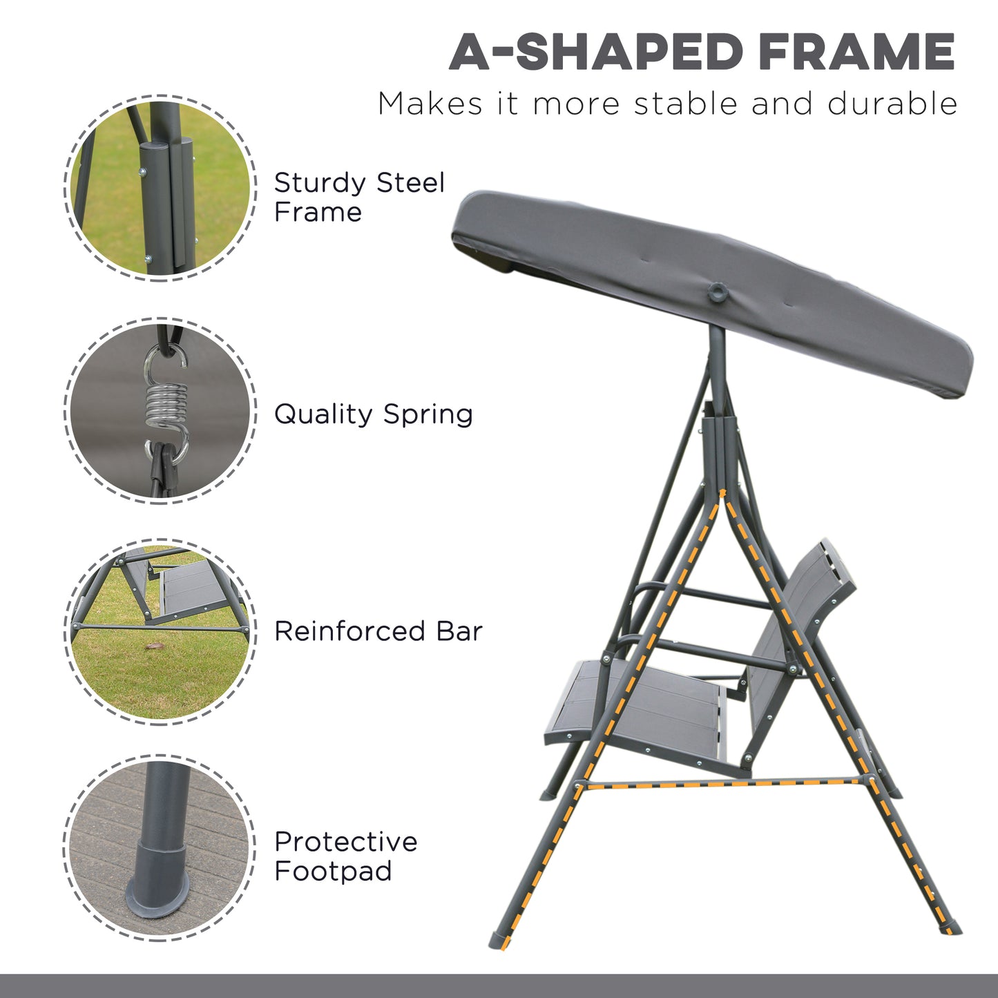 Outsunny Outdoor Garden 3 Seater Swing Chair Seat Hammock With Canopy Steel Frame - Grey