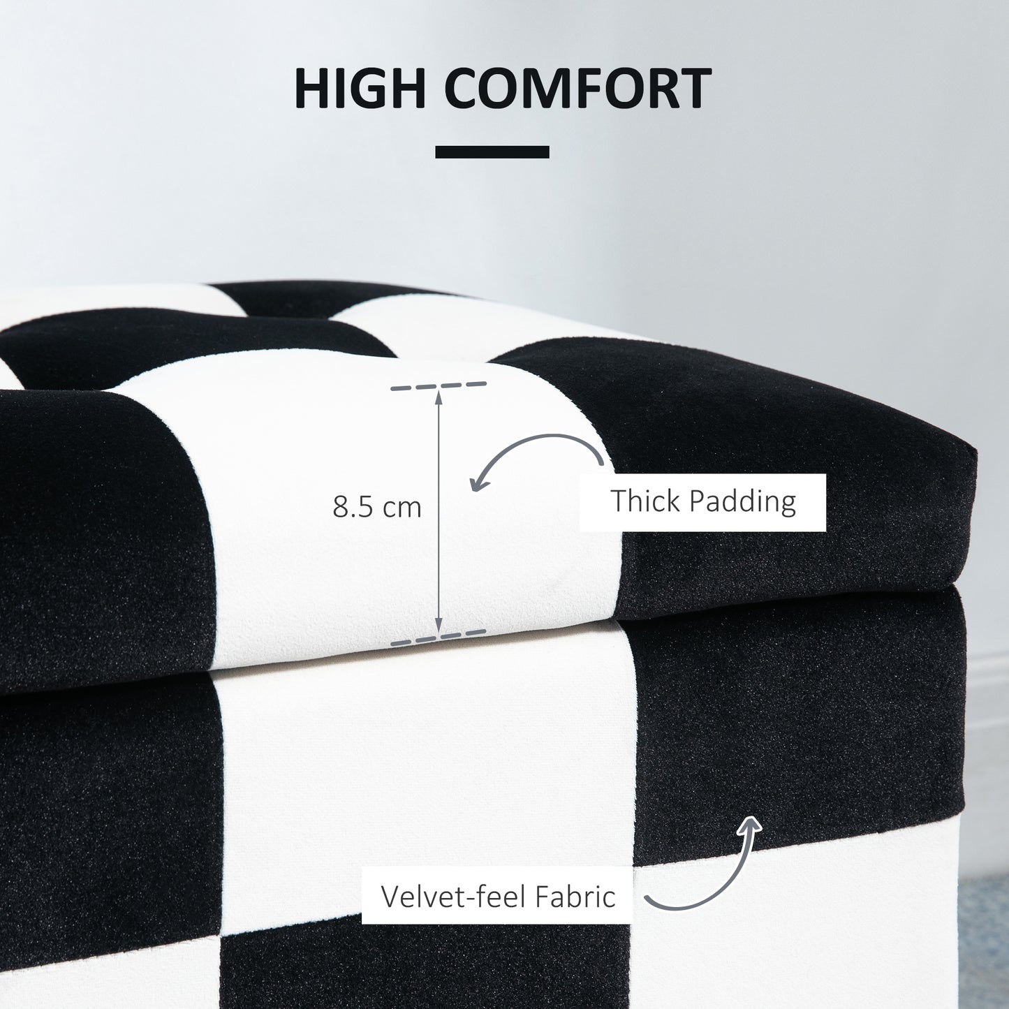 Velvet Storage Ottoman, Button-tufted Footstool Box, Toy Chest with Lid for Living Room, Bedroom, White and Black 114 x 47 x 47cm