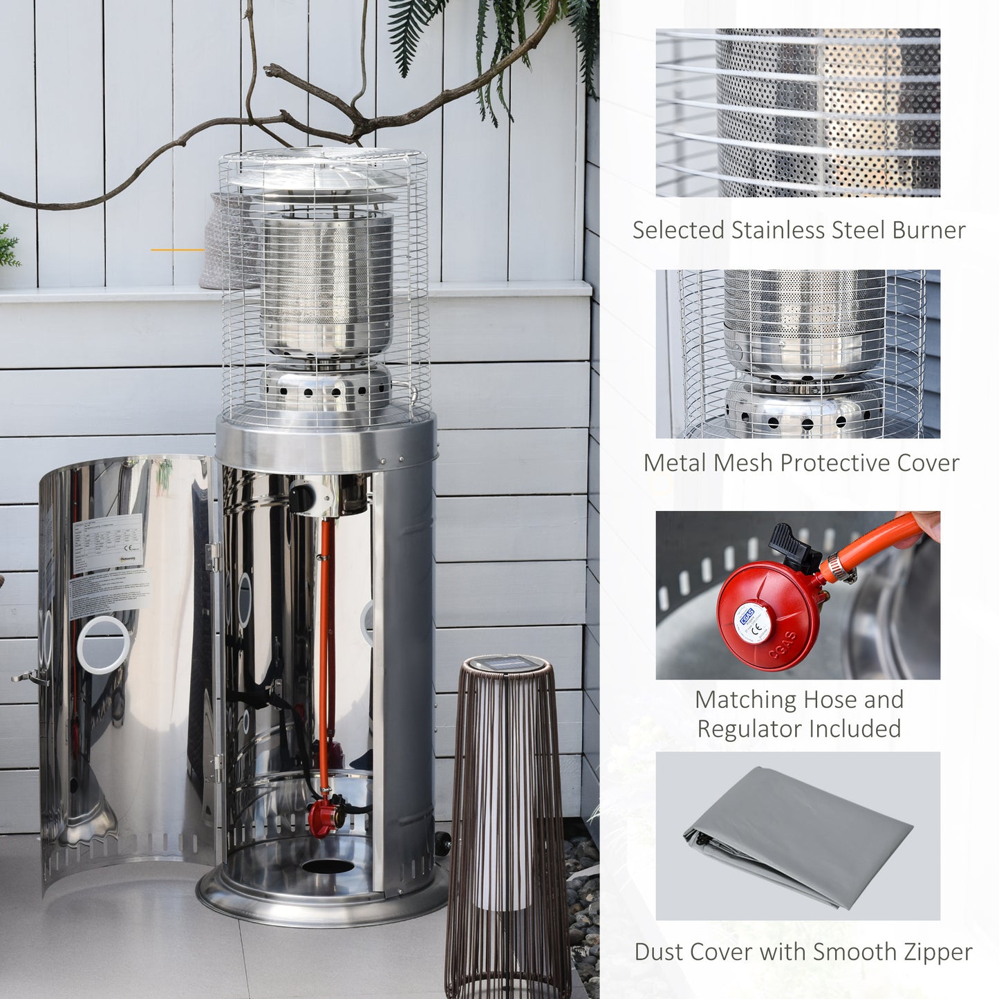 Outsunny 10KW Outdoor Gas Patio Heater Terrace Freestanding Bullet Style Heater with Wheels, Dust Cover, Regulator and Hose, Silver
