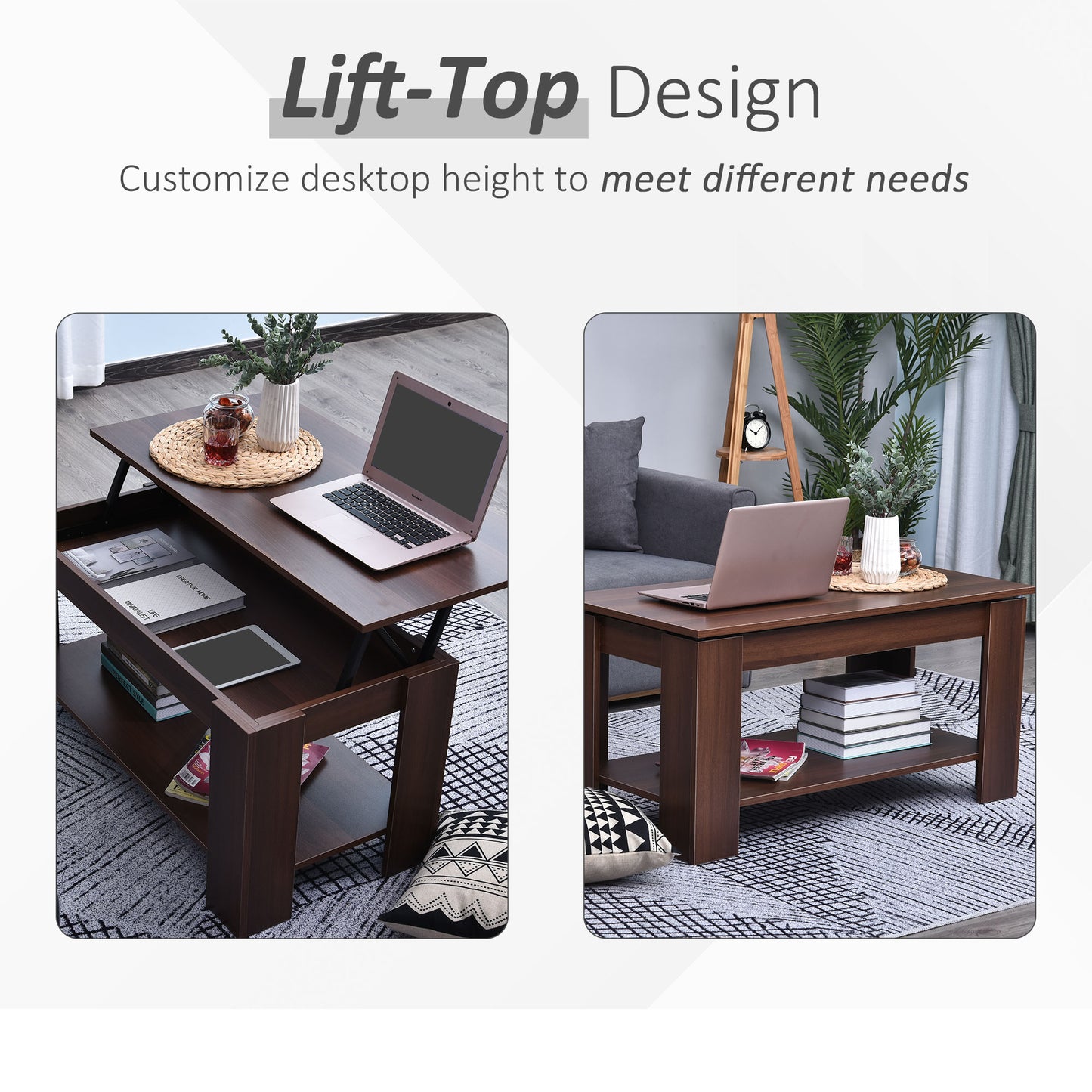 Modern Lift Up Top Coffee Table Desk Hidden Storage Bottom Shelf 100W x 50D x 63H cm