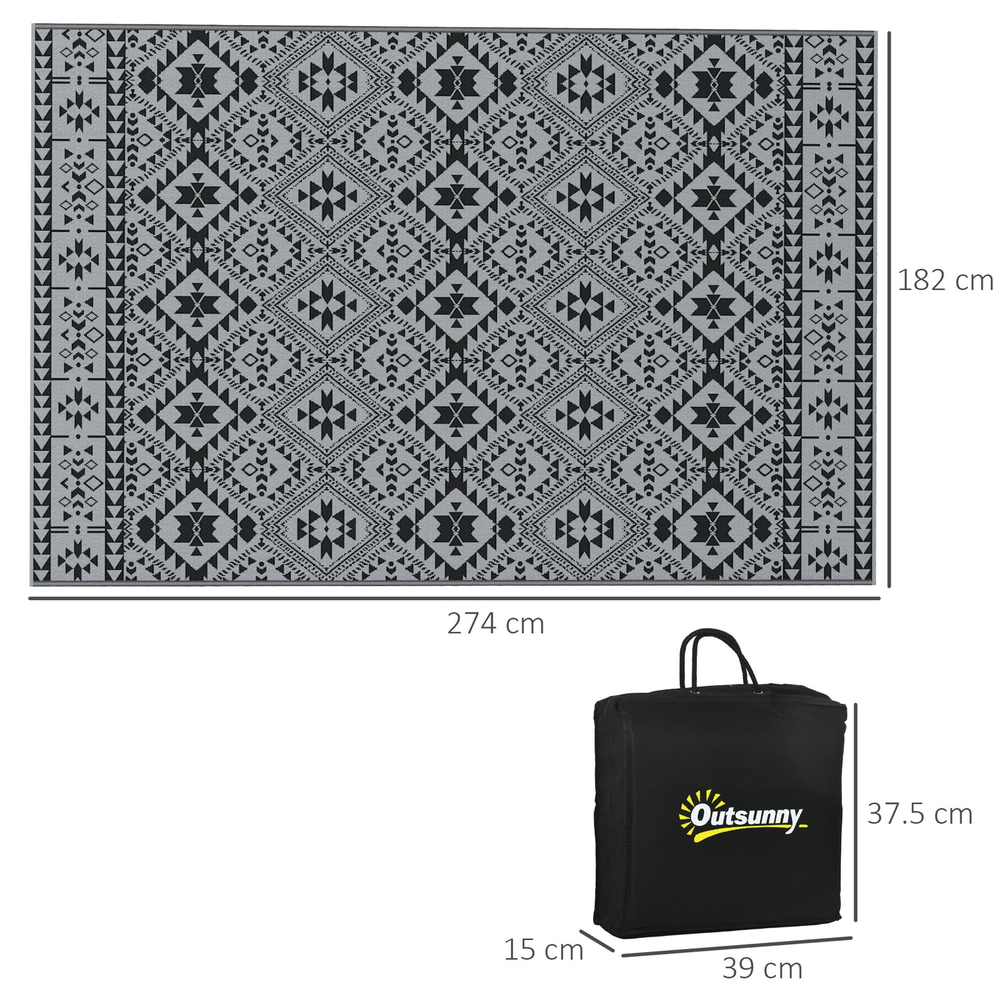Outsunny Plastic Straw Reversible RV Outdoor Rug with Carry Bag, 182 x 274cm, Black and Grey