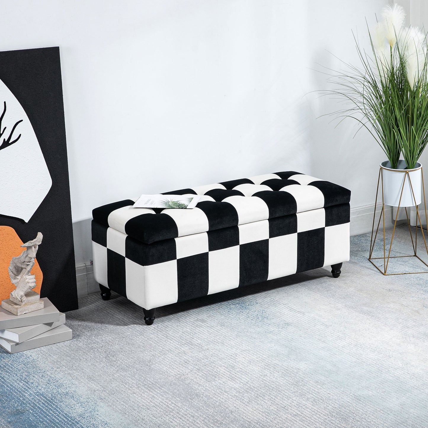 Velvet Storage Ottoman, Button-tufted Footstool Box, Toy Chest with Lid for Living Room, Bedroom, White and Black 114 x 47 x 47cm