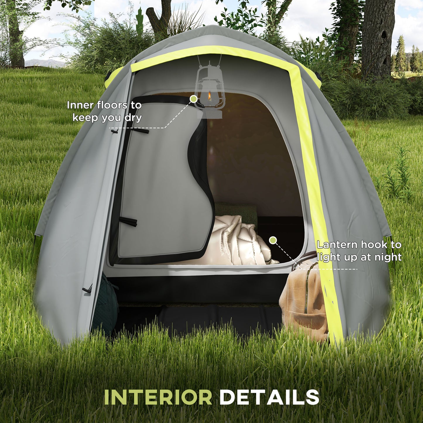 Outsunny 2-3 Man Camping Tent with 2 Rooms, 2000mm Waterproof Family Tent, Portable with Bag for Fishing Hiking Festival, Yellow
