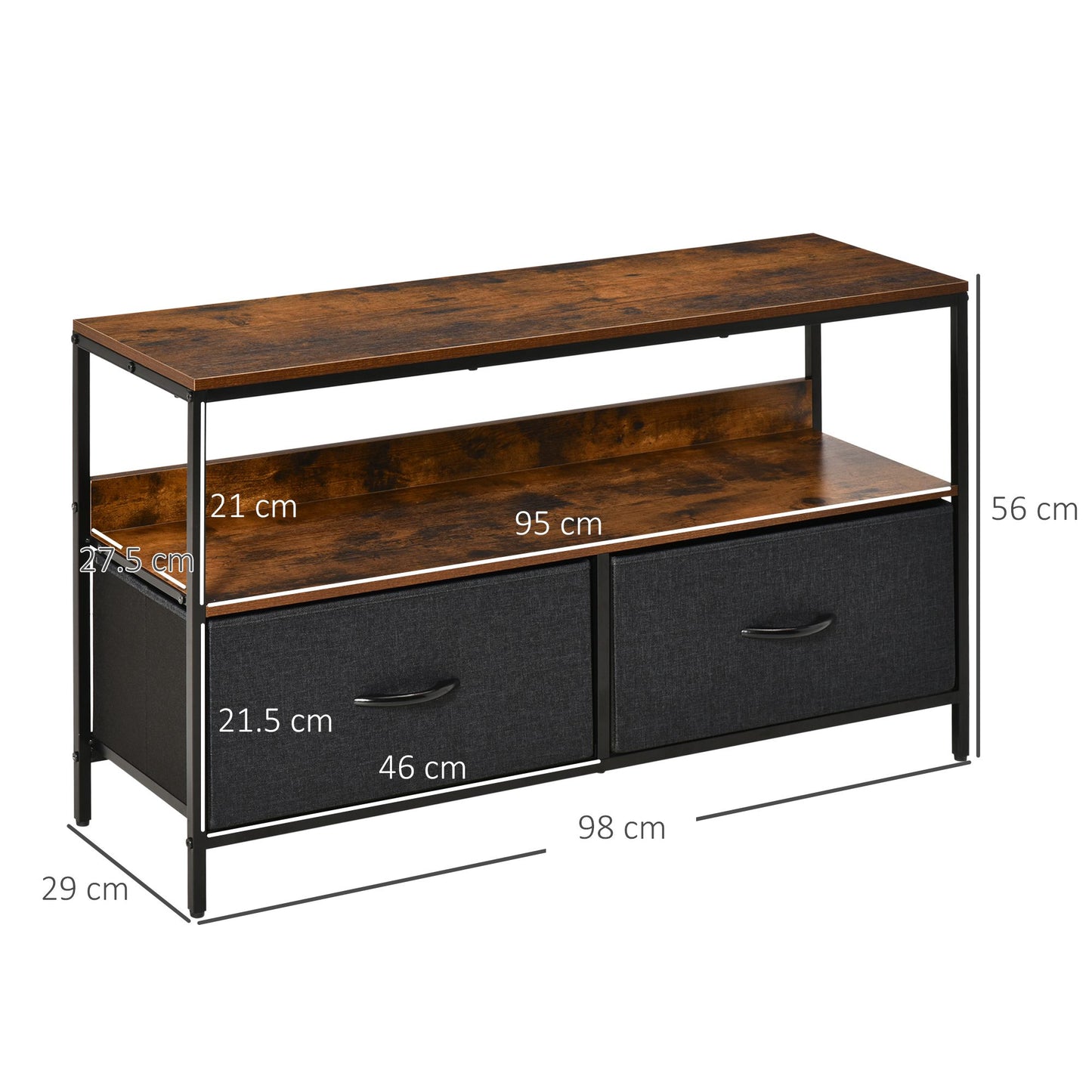 TV Cabinet Console Unit With 2 Foldable Linen Drawers, TV Stand With Shelving For Living Room, Entertainment Room, Rustic Brown