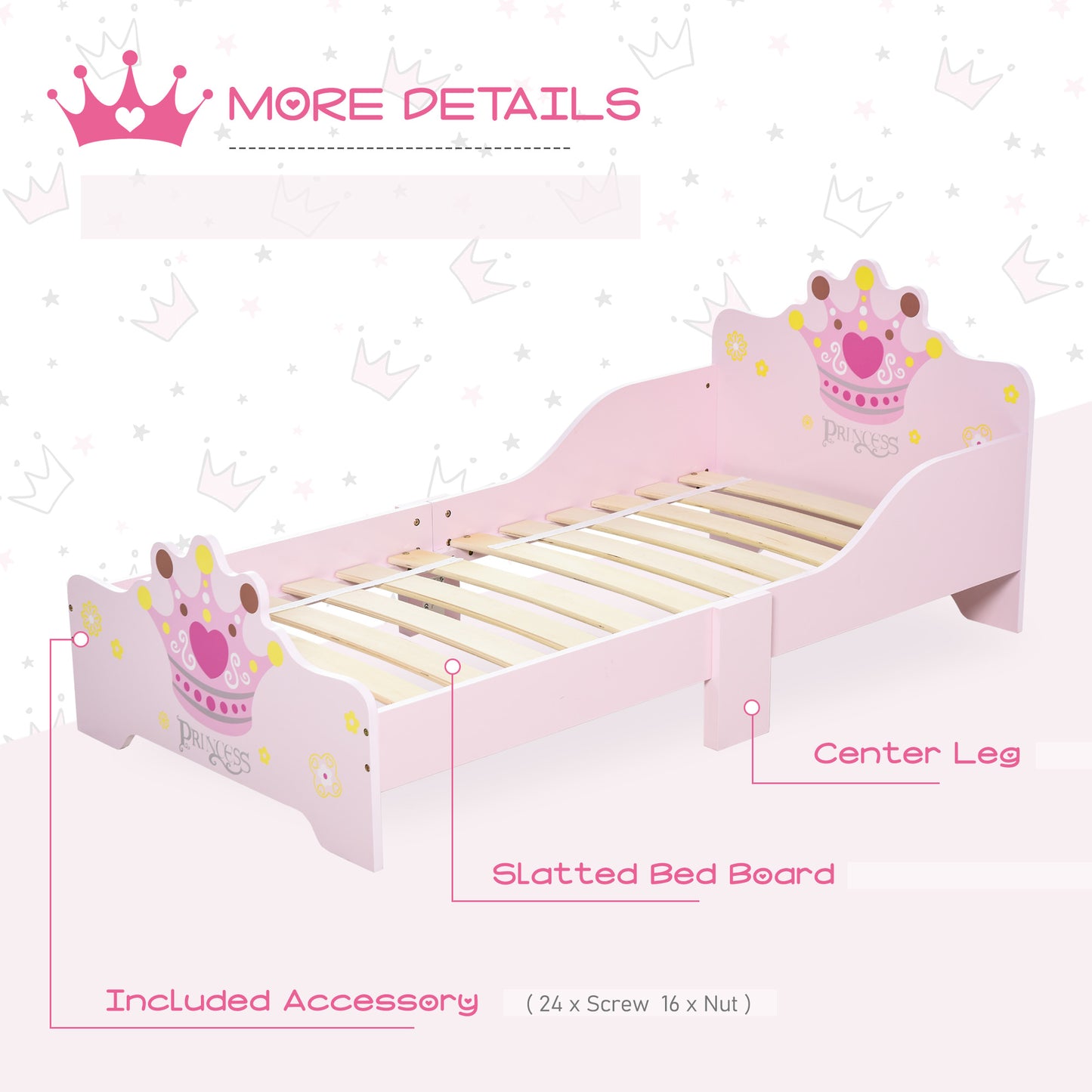 Kids Wooden Bed with Crown Modelling Safety Side Rails Easy to Clean Perfect Gift for Toddlers Girls Age 3 to 6 Years Old Pink